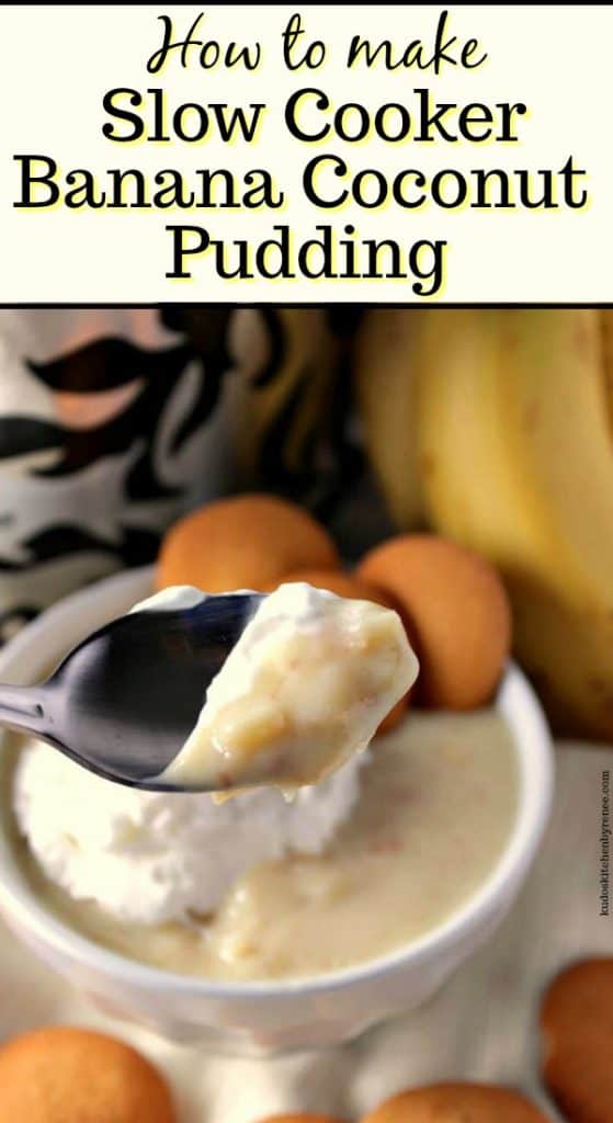 Vertical Title Text Image of banana coconut pudding on a spoon with vanilla wafer cookies in the background.
