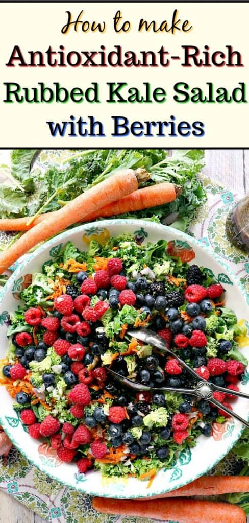 Title text image of an overhead photo of a colorful bowl of kale salad with berries.