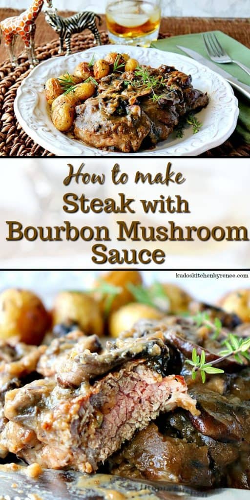 Title Text photo collage of steak with bourbon mushroom sauce.