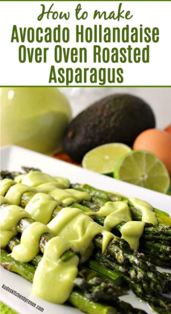 Vertical Title Text Image of Avocado Hollandaise Sauce Over Asparagus