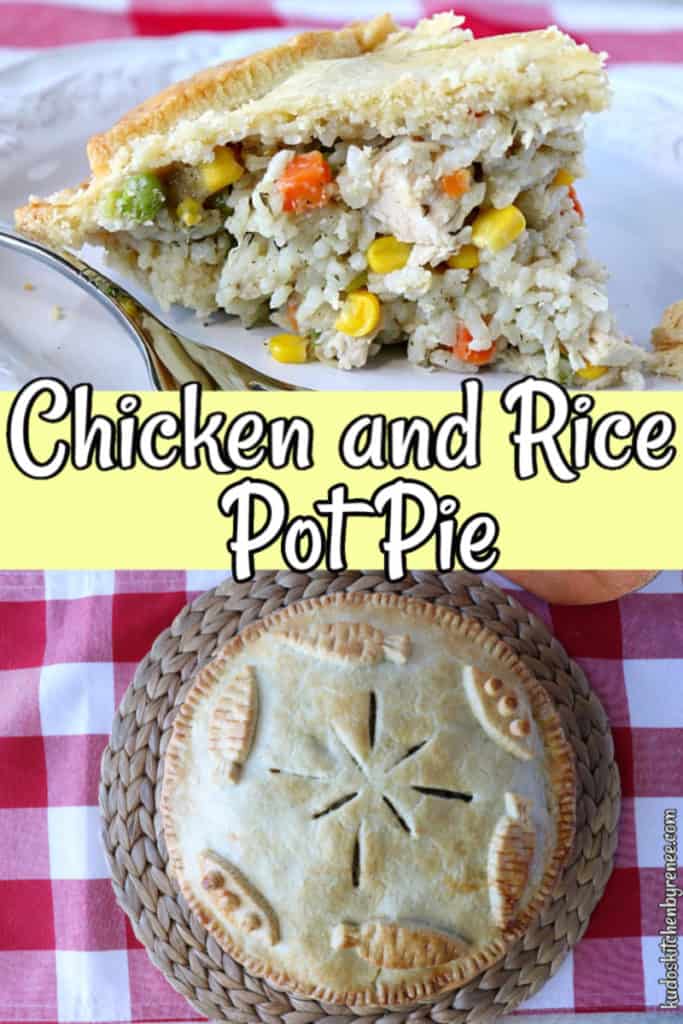 Vertical title text collage image of chicken and rice pot pie closeup and overhead photos.