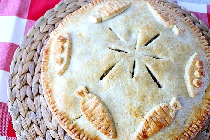 Overhead shot of a cute pie decorated with carrots and peas in the pie crust.