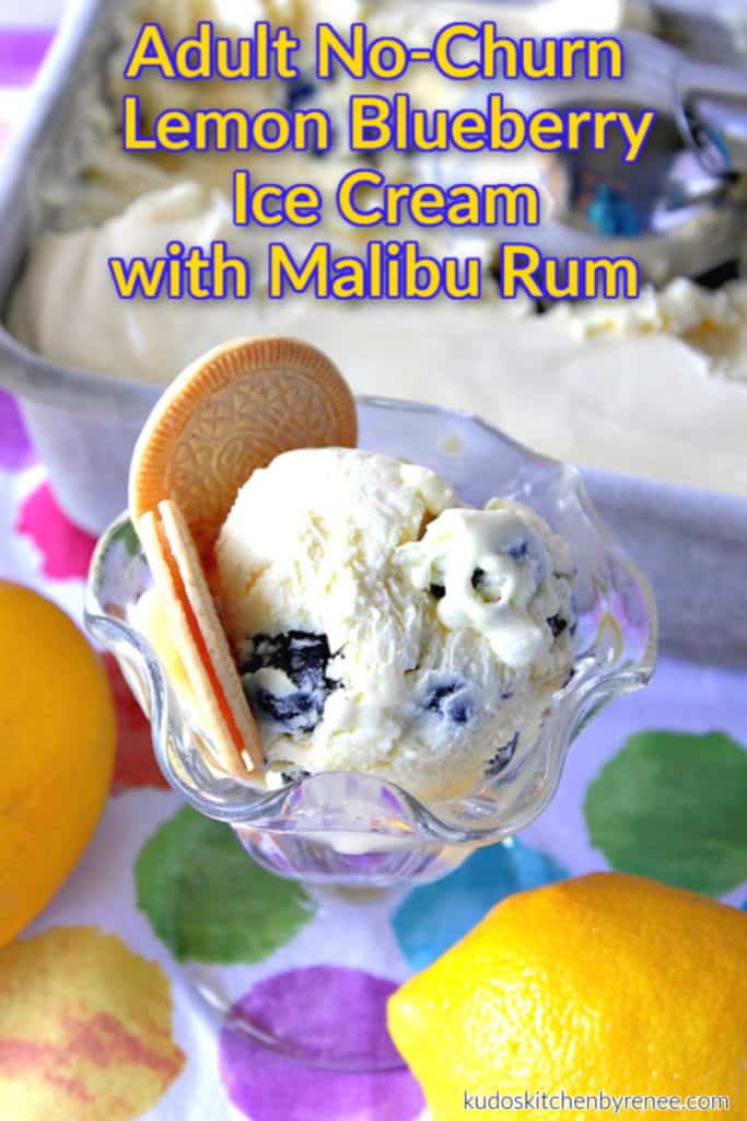 A glass dish of no-churn lemon blueberry ice cream with cookies and title text overlay graphic