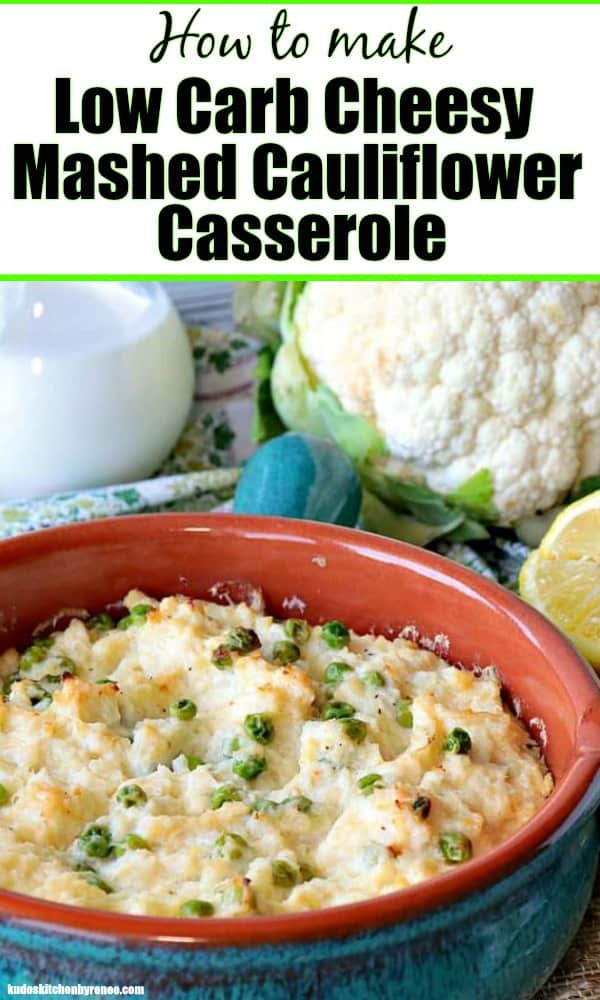 Vertical Title text image of mashed cauliflower casserole