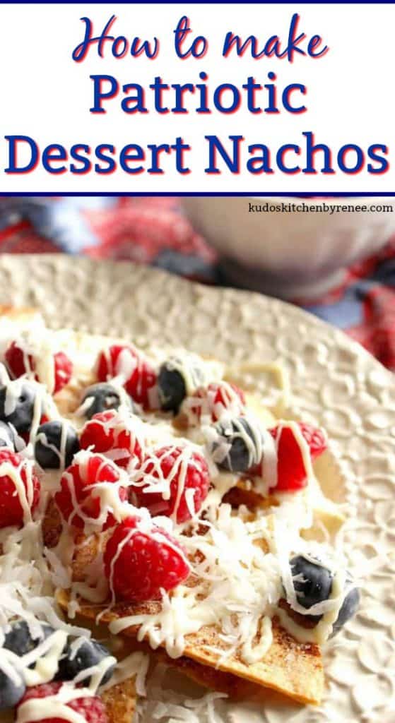 How to make Patriotic Dessert Nachos on a white platter with white chocolate and berries.