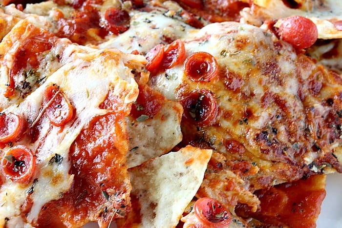 Closeup photo of pepperoni pizza nachos.