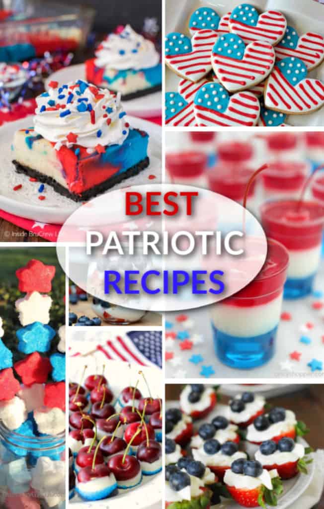 A photo collage of red, white, and blue recipe roundup with title text graphic overlay