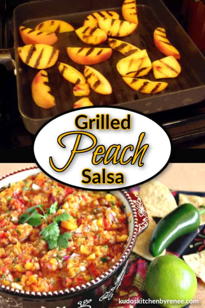 A photo collage of grilled peach salsa with a title text overlay graphic with black and peach colored font
