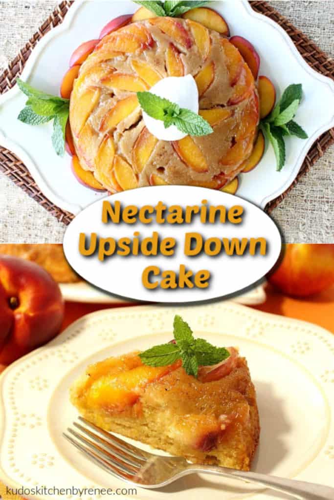 Split image of a nectarine upside down cake with title text graphics
