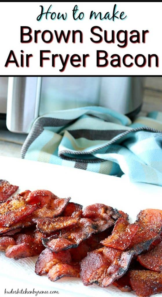 A plate of air fryer fried bacon with an air fryer in the background.