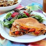 Grilled cheese sandwich with red bell pepper on a picking table with a salad on a plate.