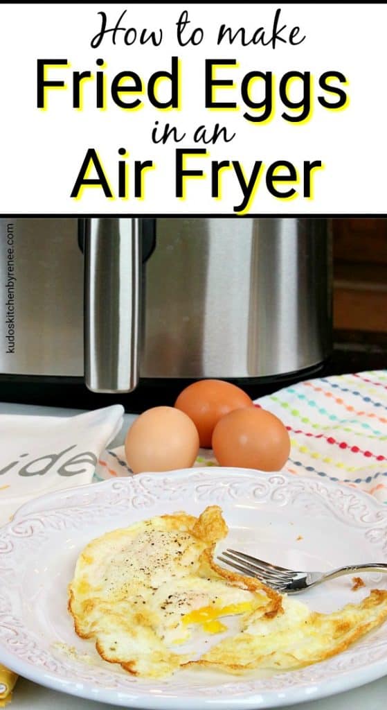 Title Text Vertical photo of air fryer fried eggs.