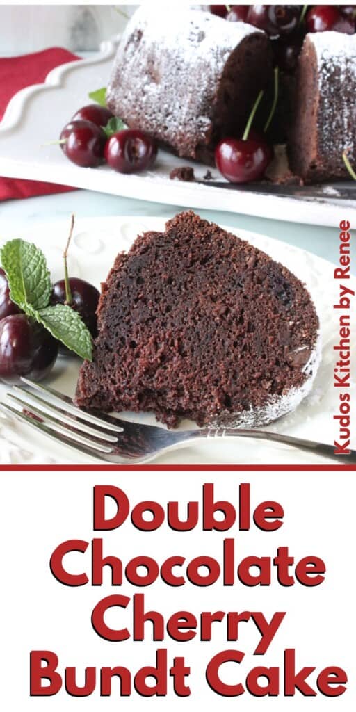 A Pinterest pin for a double chocolate cherry Bundt cake with a title text.