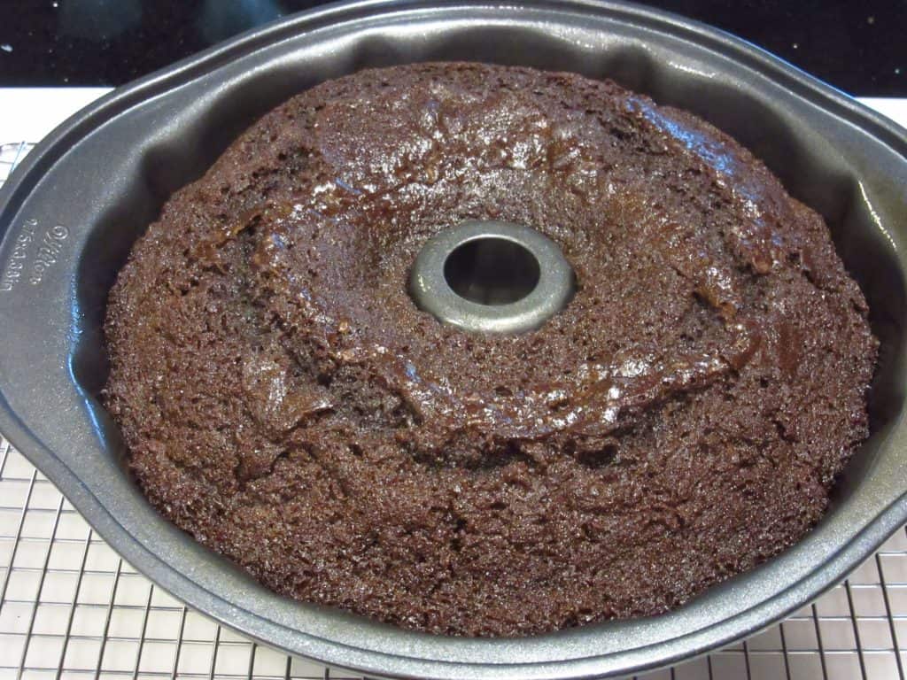 A cooled chocolate cherry Bundt cake before turning the cake out.