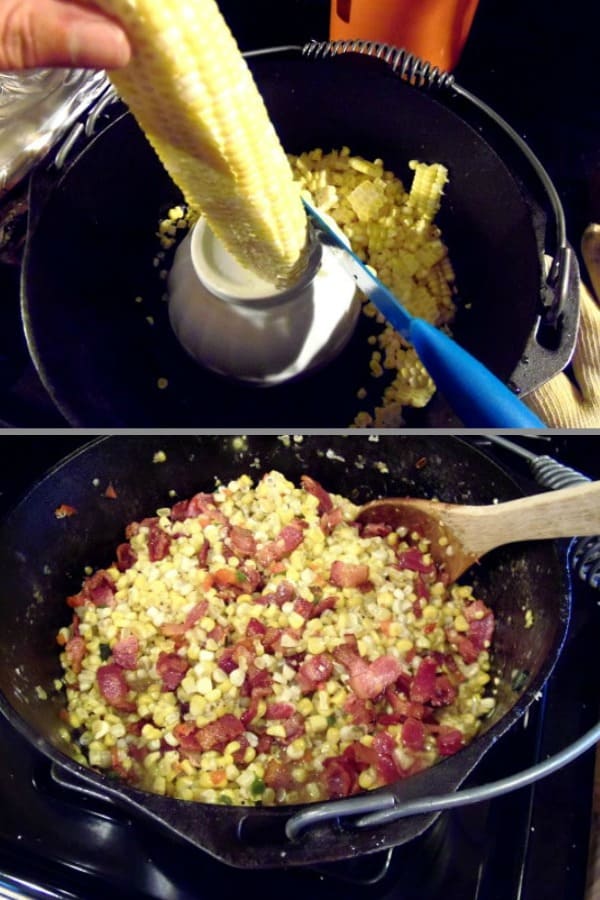Photo collage of fried corn with bacon in a cast iron pan.