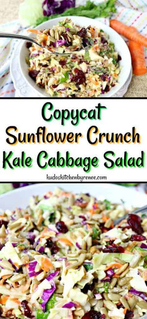 Collage image of sunflower crunch salad with colorful napkin and carrots in the background.