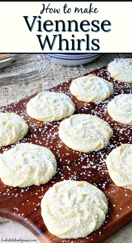 Title text vertical image of Viennese Whirls Cookies.