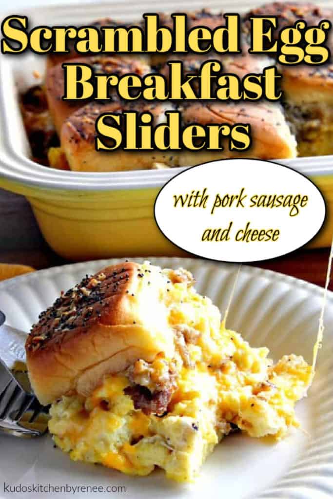 A closeup photo of a scrambled egg breakfast slider on a white plate along with a title text overlay graphic in yellow and black