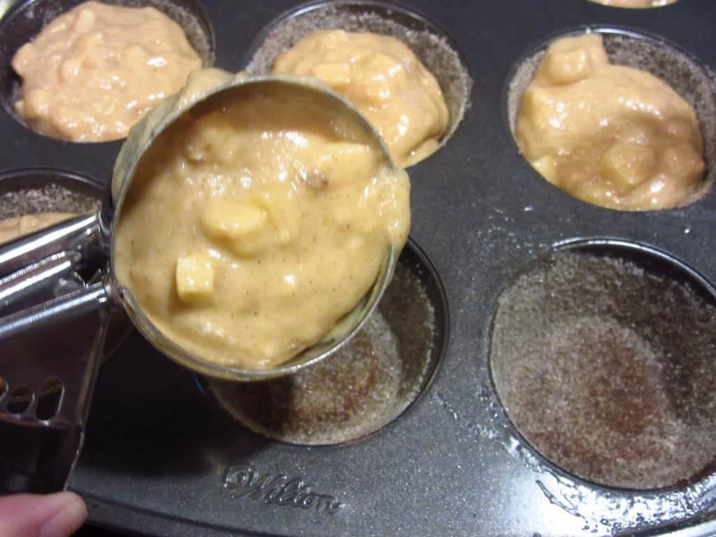 A cookie scoop scooping apple cider donut muffins into a muffin tin.