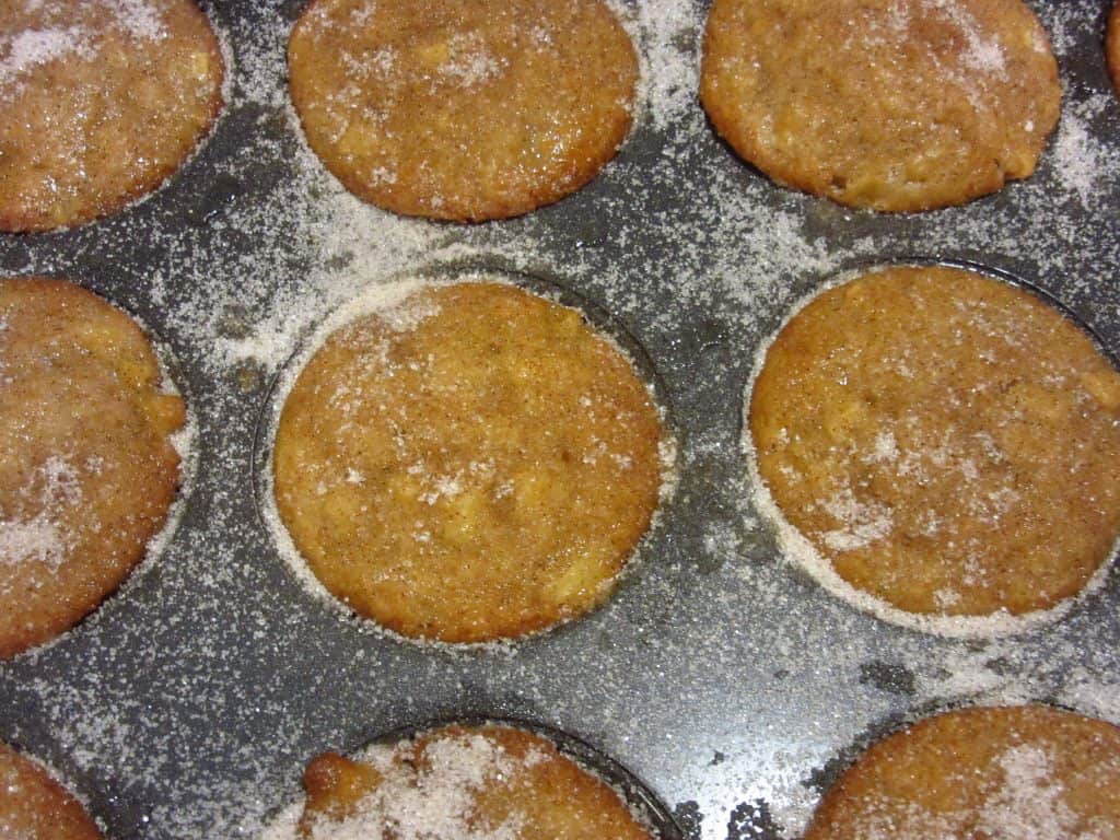 Cinnamon sugar on top of muffins in a tin.