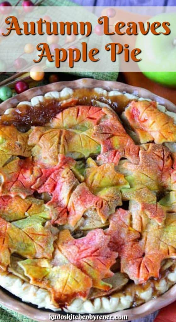 Closeup title text image of a colorful autumn leaves apple pie.