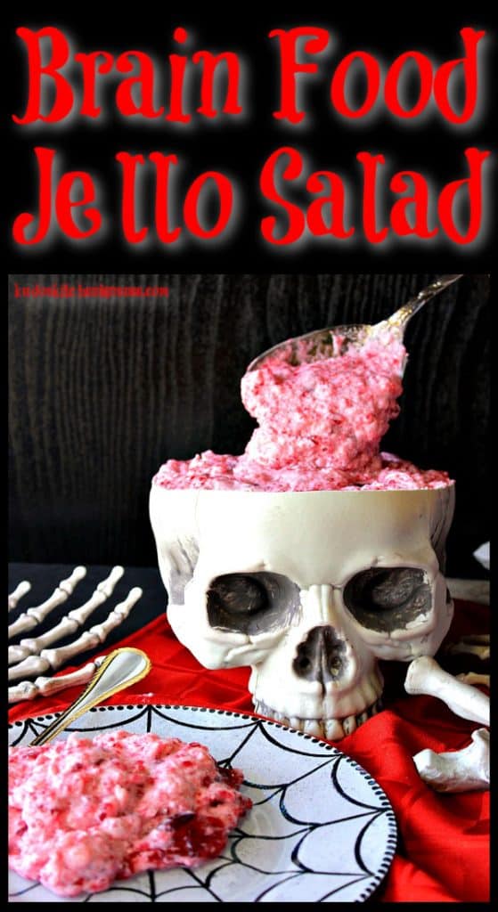 Title text vertical photo of brain food jello salad on a black background.