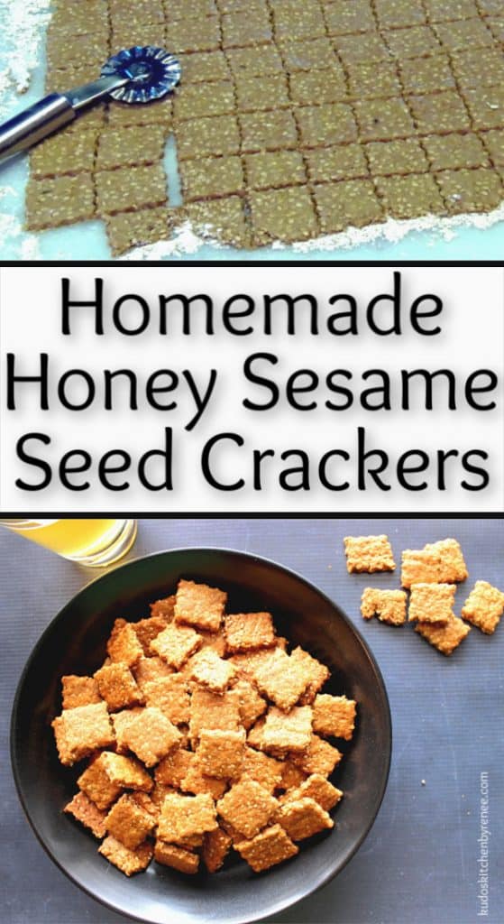 Vertical title text collage image of homemade honey sesame seed crackers.