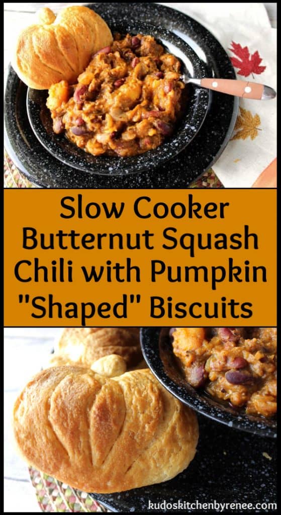 Vertical title text collage image of slow cooker butternut squash chili.