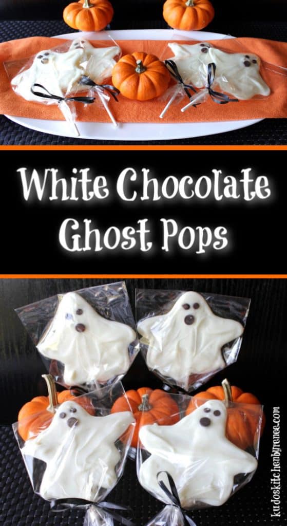 Title text vertical collage images of white chocolate ghost pops in cellophane bags with ribbon.