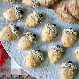 Cute little Acorn Cookies with chocolate caps.