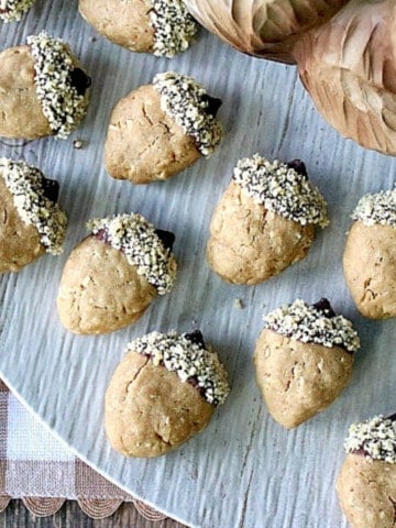 Cute little Acorn Cookies with chocolate caps.