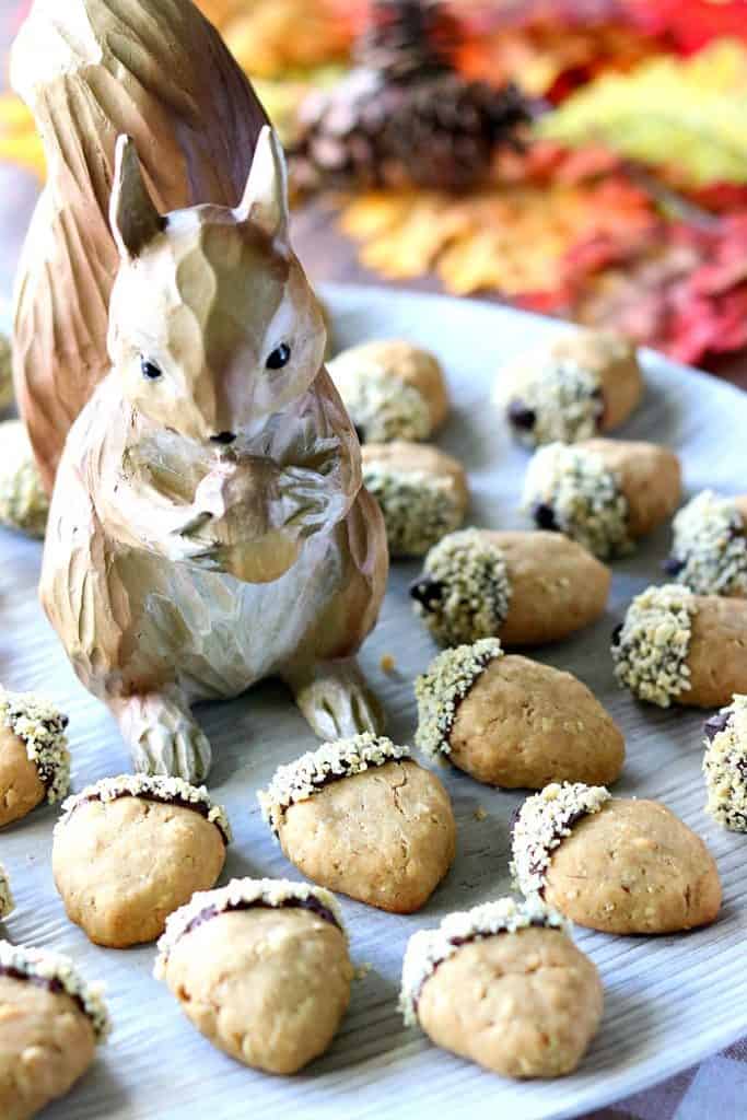 Vertical image of a platter of acorn cookies with chocolate and nut toppings and a cute squirrel with autumn leaves.
