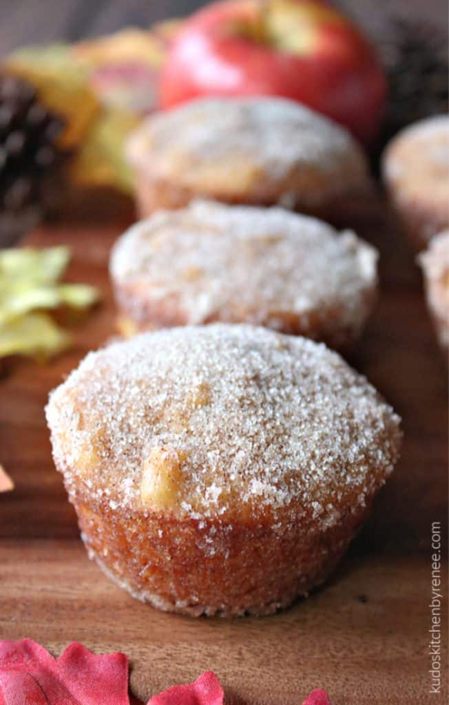 Closeup vertical photo of an apple cider donut muffin with a cinnamon sugar coating.