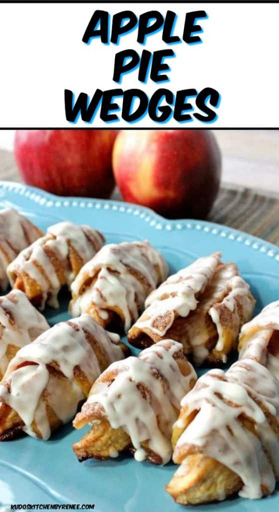 Title text vertical closeup image of apple pie wedges on a blue plate with apples in the background.