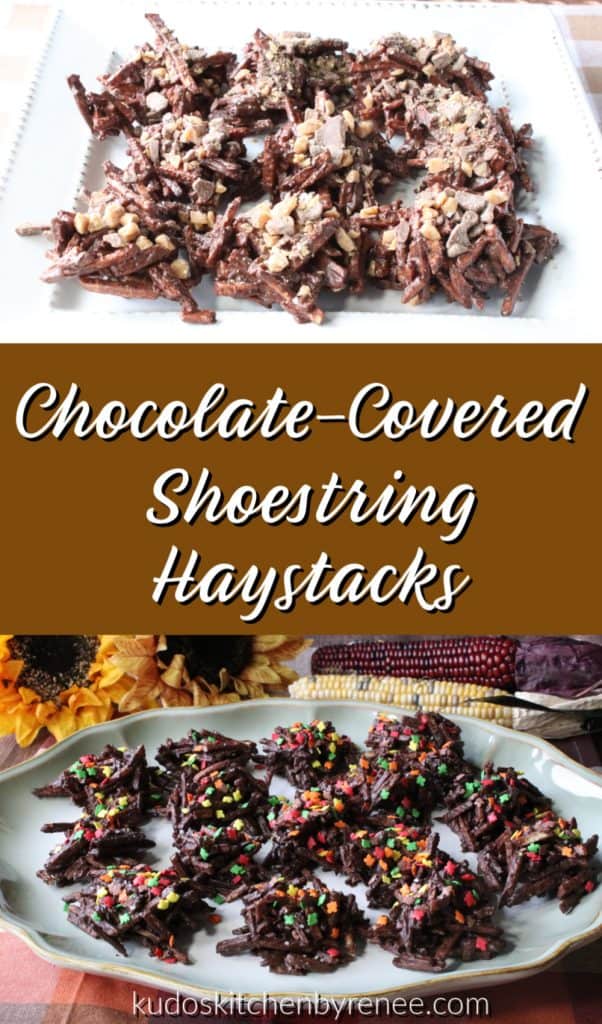 Vertical title text photo collage of two difference images of chocolate covered shoestring haystacks.