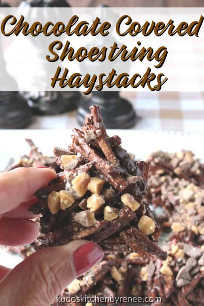 Closeup vertical title text image of a hand holding a chocolate covered shoestring haystack candy.
