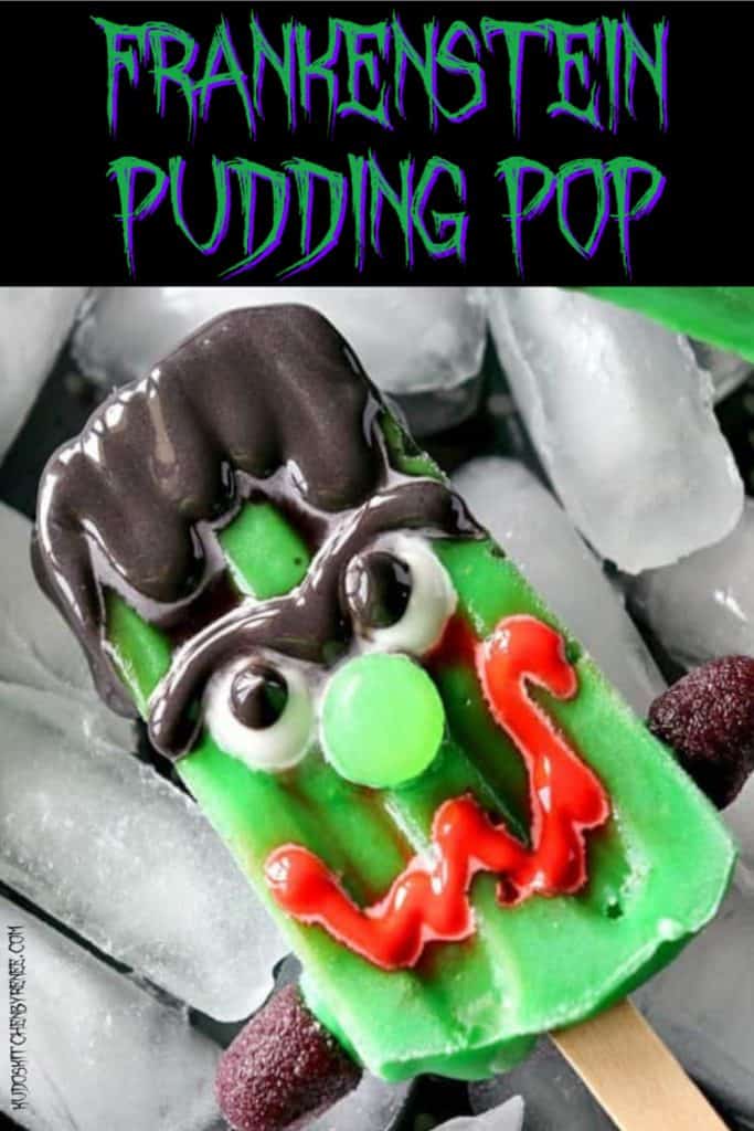 Vertical title text image of a closeup of a Frankenstein pudding pop.