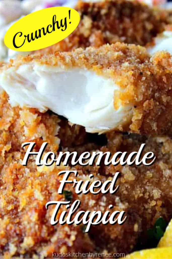 Closeup vertical title text image of a flaky piece of breaded fried tilapia