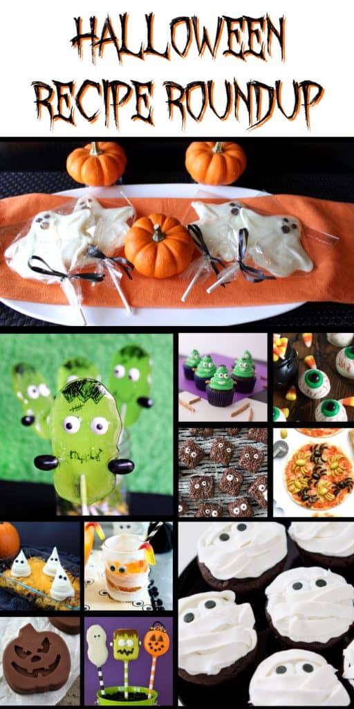 A fun photo collage of fun and spooky Halloween recipes along with a title text overlay graphic.