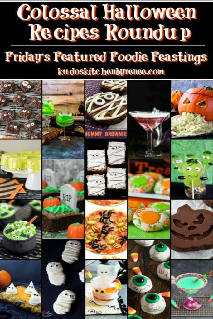 A full photo collage of Halloween Recipes Roundup with a title text overlay graphic.