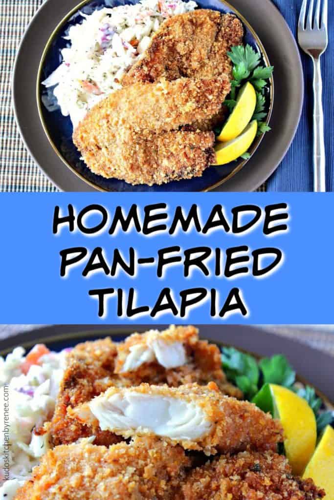 Vertical title text collage image of fried tilapia on a plate with coleslaw and lemon wedges.