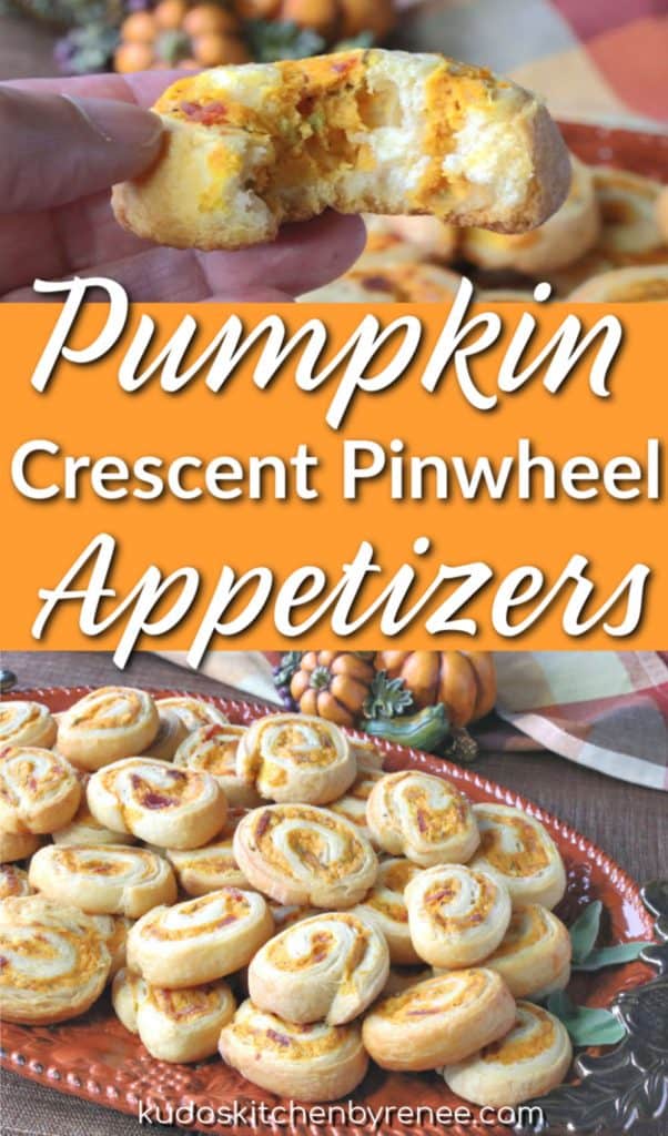 Title text vertical collage image of Pumpkin crescent pinwheel appetizers.