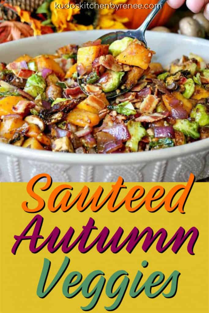 Colorful vertical title text image of sauteed autumn vegetables with script writing.