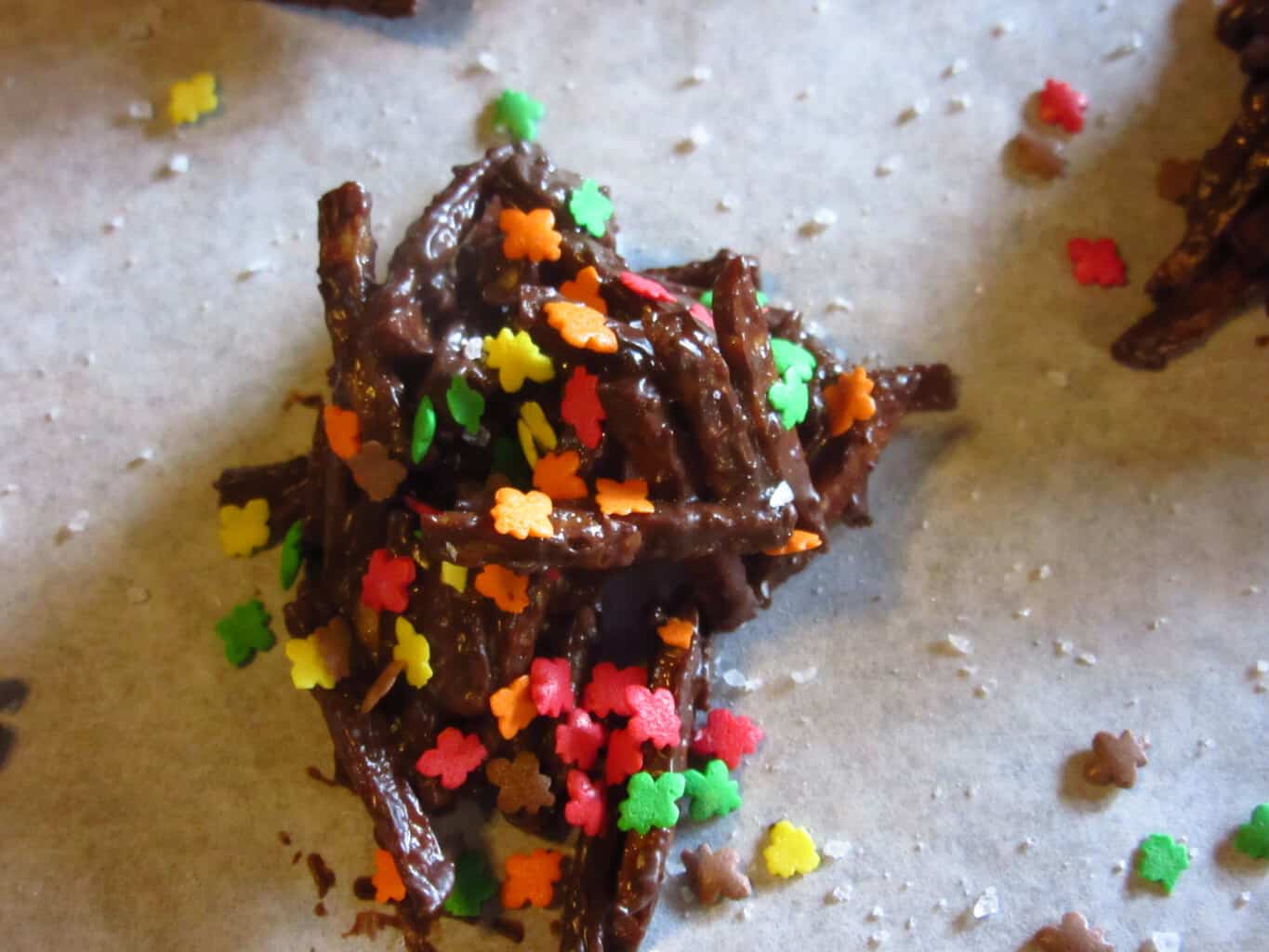 Sweet and Salty Chocolate Covered Shoestring Haystacks