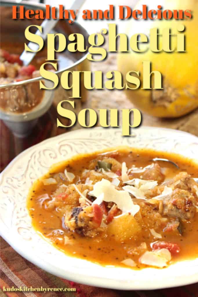 A vertical closeup photo of a bowl of spaghetti squash soup with a title text overlay graphic