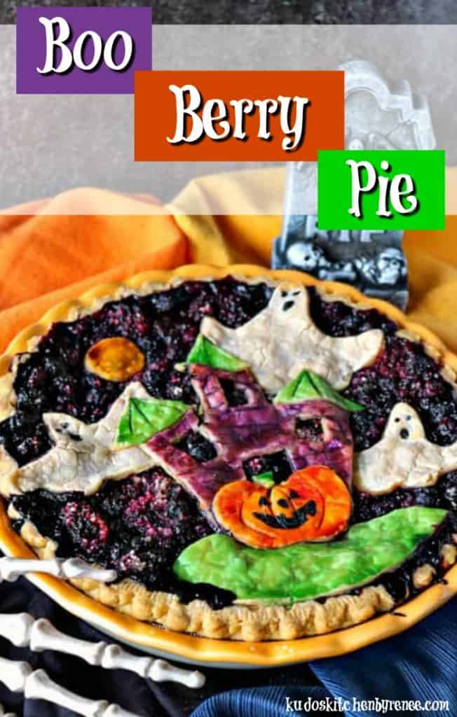 Colorful title text boo berry pie vertical image with a skeleton hand.