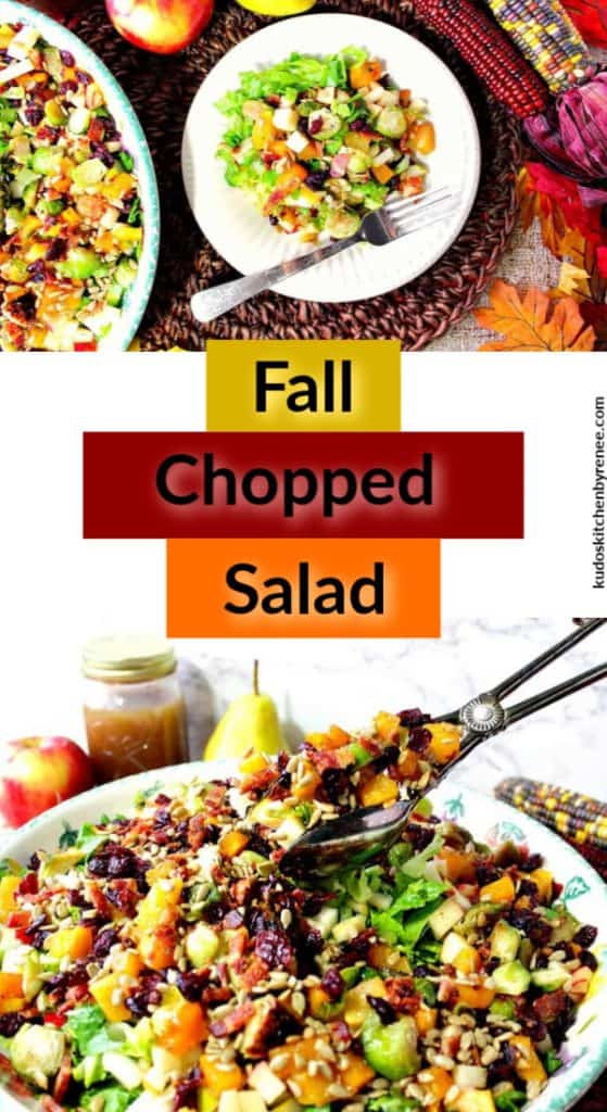 Vertical title text collage of a colorful fall chopped salad with tongs in a big bowl.