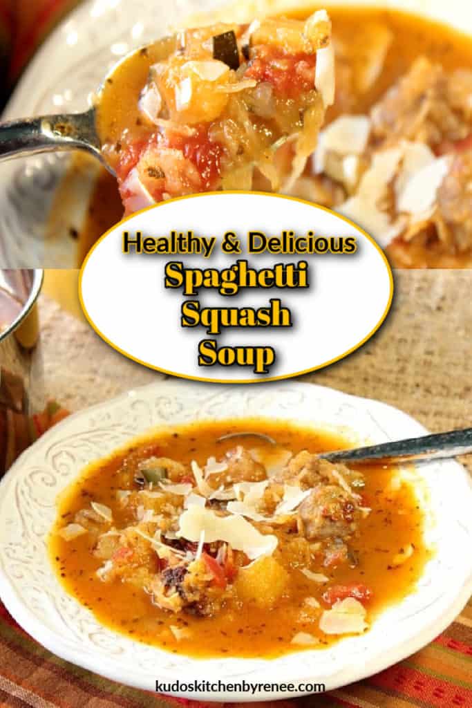 Vertical photo collage of two images of spaghetti squash soup with a title text overlay graphic in the center