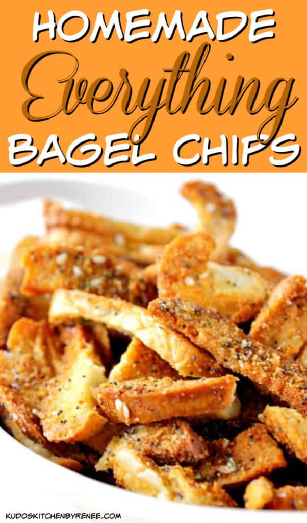 Vertical title text closeup image of everything bagel chips with poppy and sesame seeds.