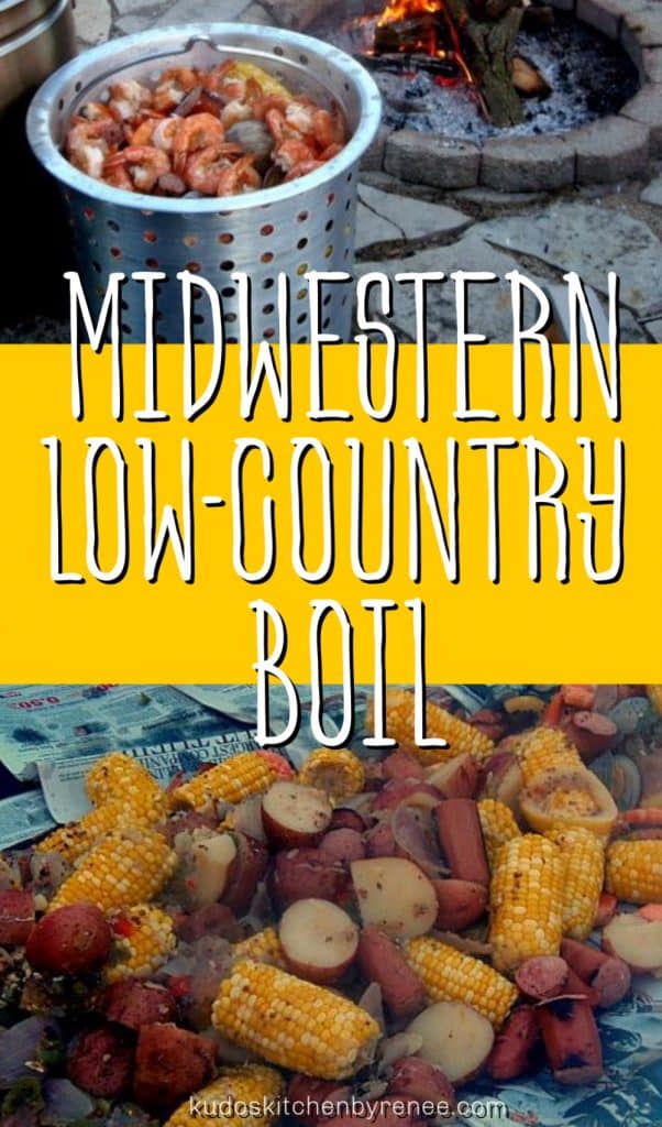 Title text collage image of a huge pot of low-country boil cooked over an open fire.